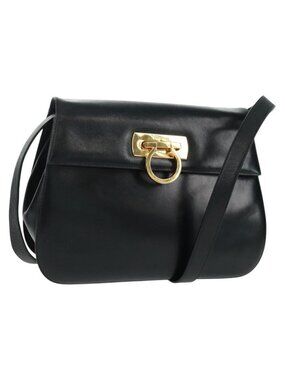 Authentic Salvatore Ferragamo Gancini Shoulder Bag Leather Black Gold